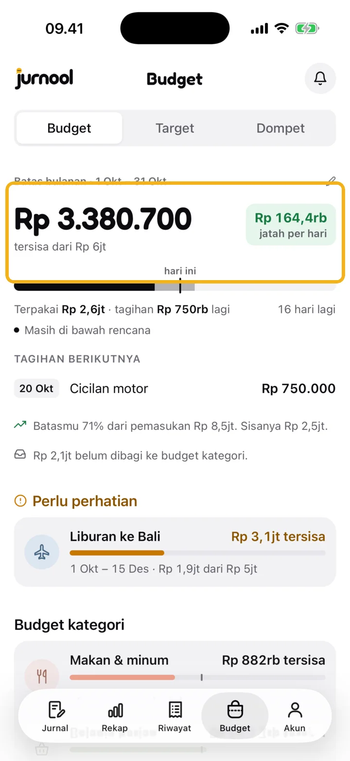 Batas bulanan di tab Budget disorot, dengan sisa uang dan jatah per hari.
