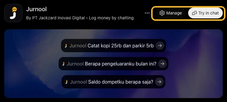 Halaman Jurnool di ChatGPT dengan tombol di kanan atas ditandai, dan tiga contoh perintah di bawahnya.
